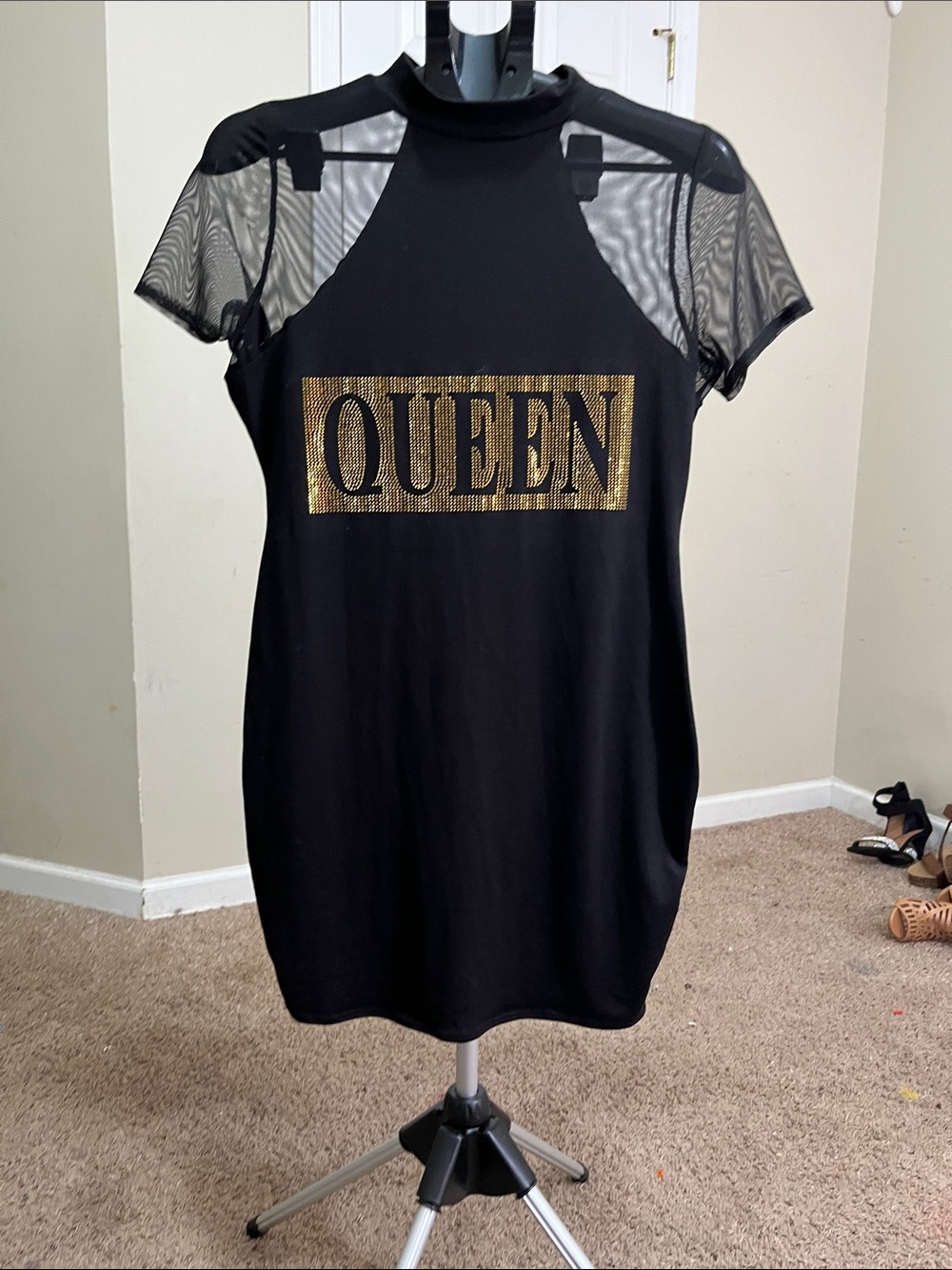 Black "Queen" Mesh Sleeve Dress with Gold Graphic